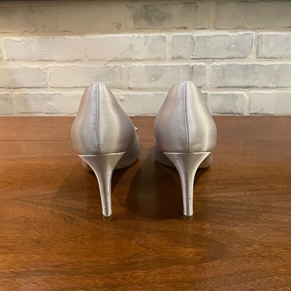 Silver Satin Evening Heels with Rhinestones Size 9.5 - Picture 7 of 9